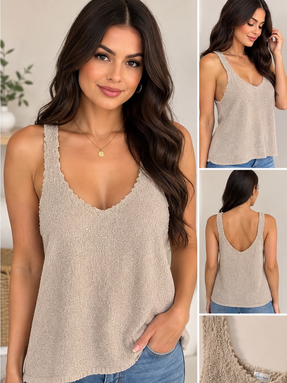 Francesca’s Blue Rain Taupe Scalloped Knit Tank